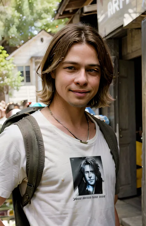 brad pitt, mature young man, short blonde hair, smiling, wearing tshirt, background: hiking