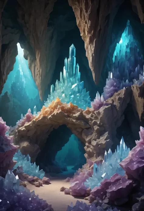 fantasy cave walls made of mineral crystals，covered with precious crystals, crystal cluster， s fractal art，subsurface, explorati...