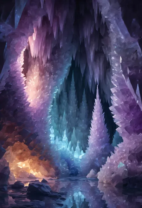 fantasy cave walls made of mineral crystals，covered with precious crystals, crystal cluster， s fractal art，subsurface, explorati...