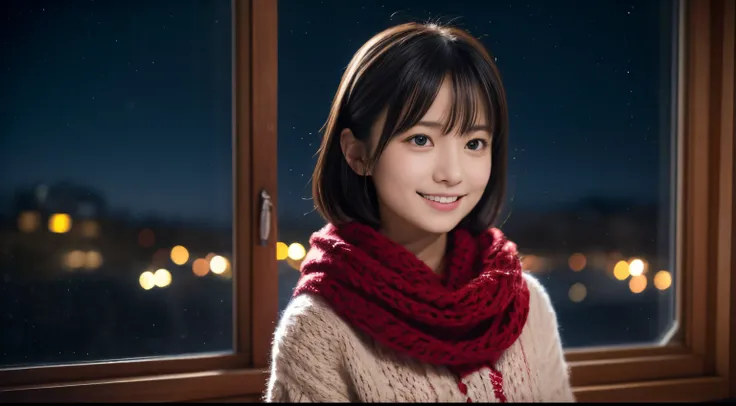 1girl in, 20yr old、Gravure model for Japan, (cute little, a beauty girl,profile:1.2), Modest big,  𝓡𝓸𝓶𝓪𝓷𝓽𝓲𝓬,Beautiful Christmas night view and snow:1.2, (Look up at the night sky outside the window:1.5)、(room with christmas tree:1.4),  (fluffy pink wool sw...