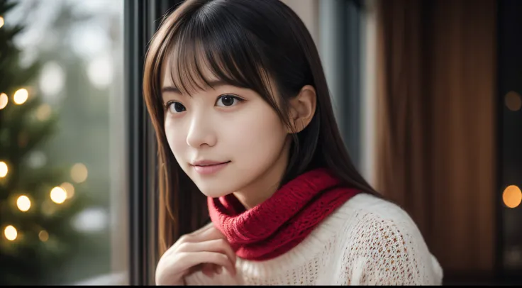 1girl in, 18year old、Gravure model for Japan, (cute little, a beauty girl,profile:1.2), Modest big,  𝓡𝓸𝓶𝓪𝓷𝓽𝓲𝓬,Beautiful Christmas night view and snow:1.2, (Look up at the night sky outside the window:1.5)、(room with christmas tree:1.4),  (fluffy pink wool ...