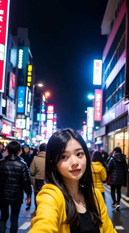 asian girl with black hair taking a selfie in tokio on the streets in the middle of people an lights from buildings with some friends