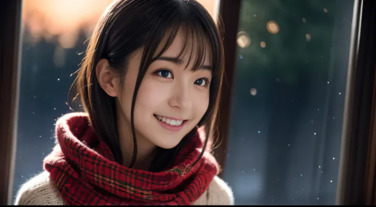 1girl in, 20yr old、Gravure model for Japan, (cute little, a beauty girl,profile:1.2), Modest big,  𝓡𝓸𝓶𝓪𝓷𝓽𝓲𝓬,Beautiful Christmas night view and snow:1.2, (Look up at the night sky outside the window:1.5)、(room with christmas tree:1.4),  (fluffy pink wool sw...