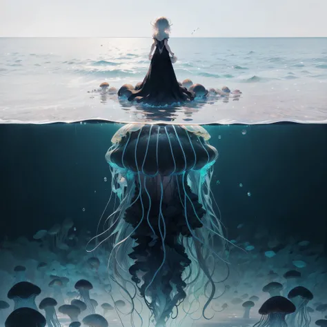 giant jellyfish girl. like her black dress. the other side of the water. Beckoning. Composition looking down