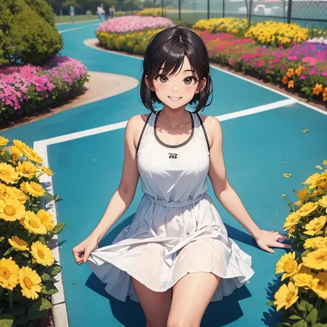 A 25 years old wearing tennis dress, smiling face, looking at viewer