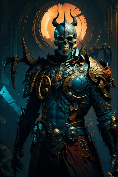 evil, Gothic art, chiaroscuro, tachi-e, projected inset, dutch angle, emphasis lines, masterpiece, ccurate, anatomically correct, highres, best quality, super detail, award winning，D14bl0 style Skeleton King，Humanoid monsters，The body  wrapped in armor，The...