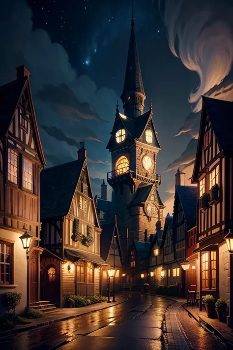 Night view of houses with bell tower and path, howls moving castle at night, tavern background, Madhouse Studio anime style, Fantasy tavern background, cozy bistro, Anime background art, arte de fundo, shadowy castle background, Little Witch Academy, Small...