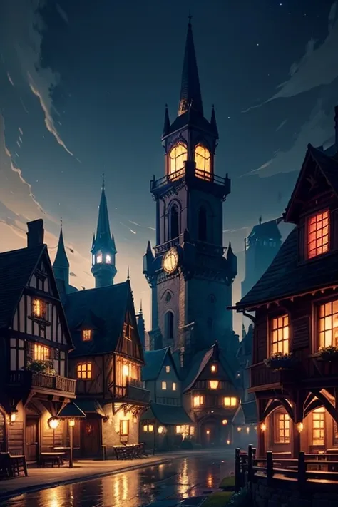 Night view of houses with bell tower and path, howls moving castle at night, tavern background, Madhouse Studio anime style, Fantasy tavern background, cozy bistro, Anime background art, arte de fundo, shadowy castle background, Little Witch Academy, Small...