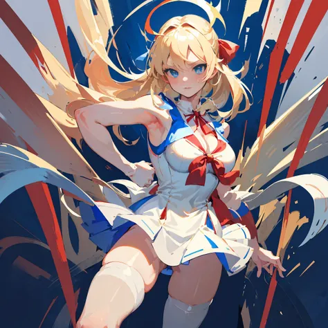 (masterpiece), best quality, expressive eyes, perfect face, background, magical girl, ash blonde hair, blue eyes, sleeveless white armor, short skirt, long hair, big breasts, kneesock, armsock, red ribbon on side hair, blue and red pallete, full body, clea...