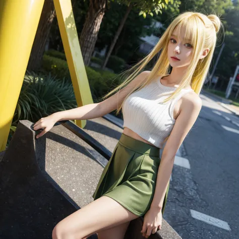 Yellow hair and green eyes 2D anime wearing skirt