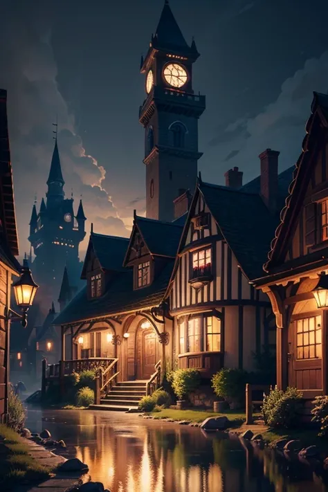 (besr quality,4k,8k,highres,masterpiece:1.2),ultra-detailed,realistic,photorealistic:1.37,nighttime view of a house with a clocktower and pathway,moving castle in the night,background of a tavern,Madhouse Studio anime style,fantastical tavern background,co...