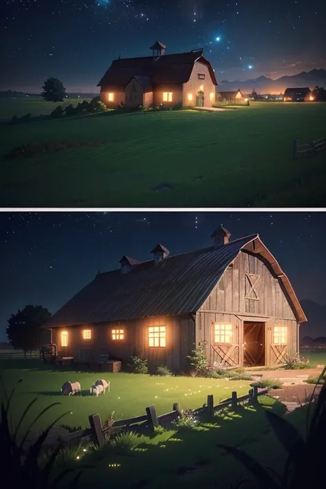 (barn in a field,night view,countryside,cartoon,beautiful,camping,background art,recommended,beautiful,cartoon scenery,barn in the background,cartoon background,village background at night, (Makoto Shinkai-inspired),cartoon screenshot)