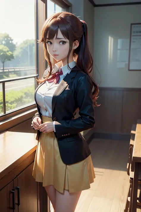 (best quality,4k,8k,highres,masterpiece:1.2), ultra-detailed, realistic, 1woman standing in a room with a table and a long bench, typical anime classroom, anime scenery, screenshot from an animated movie, Madhouse Studio anime style, Staines;Gate, TV anime...