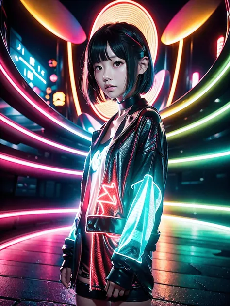 Create an attractive and modern AI illustration of a young Japanese woman, Perfect for NFT sales, set in a fantasy world, A dreamy space. She embodies the latest trends among young people, Stylish, edgy outfits that reflect modern Japanese street fashion -...