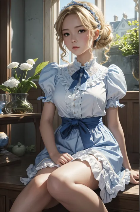 8K、of the highest quality、masutepiece、超A high resolution、(Photorealsitic:1.4)、1 infant maid、blonde short perm hair、small breasted infant maid,Super beauty(Like the real thing)Ruffled headband、poneyTail、Braided hair、frilled blouse、Ribbon Ties、 Pinnafor、long...