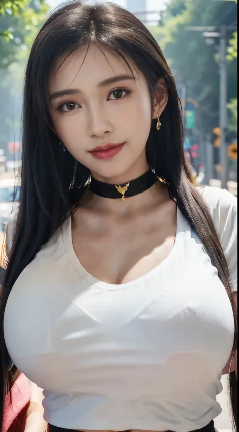 8K，hyper HD,tmasterpiece， Best quality， cinematic Film still from， 1 plump girl， the street， Low-cut transparent dress， Colossal tits，humongous large breast，low chest， closeup cleavage， bright， cheerful， Warm and soft lighting， （fog atmosphere： 0.7） cap，(L...