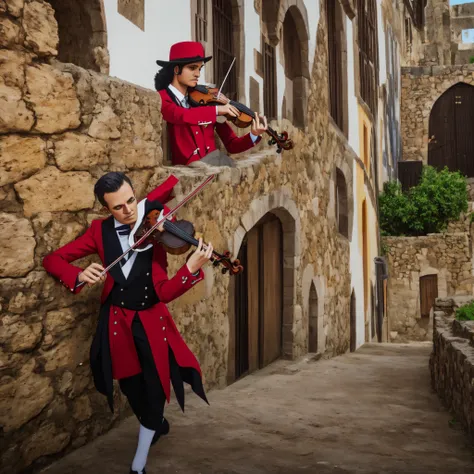 Devil violinist playing violin at Garcia D&#39;Ávila castle in Praia do Forte