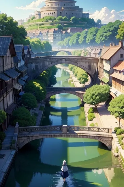 Anime scene of a woman walking across a bridge over a river, beautiful anime scenes, Anime beautiful peaceful scene, screenshot from the anime film, Screenshot of the 2012 animation, beautiful anime scenery, Greengar, Anime landscape concept art, ancient c...