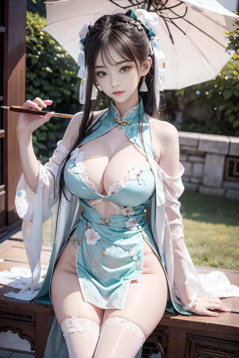 (quality、tmasterpiece:1.2)， sweet girl，pigtails，silvery white hair、Smooth skin、Beautiful mouth、(beautiful postures)，(Chinese style translucent pocket fabric)，Translucent blue-green gorgeous Chinese cheongsam，themoon，Lying in the snow，Sit Pose，Visible on th...