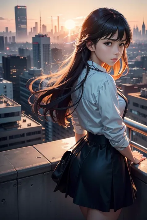 (best quality,4k,8k,highres,masterpiece:1.2),ultra-detailed,(realistic,photorealistic,photo-realistic:1.37),(anime:1.2), (Tokyo:1.1),(Japanese anime:1.2),girl standing on a rooftop, peaceful night, sunset,cityscape,(over-the-shoulder shot:1.1),city at nigh...