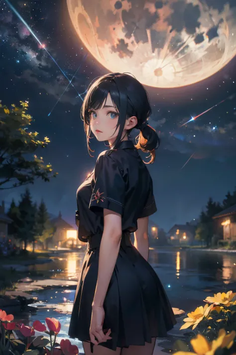 a 20 yo woman、Black blue Hair、poneyTail、(hi-top fade:1.3)、dark themed、Muted Tones、Subdued Color、highly contrast、(natural skin textures、Hyper-Realism、Soft light、sharp)、full moon night, starry sky, shooting stars, a girl standing on a sea of colorful flowers...