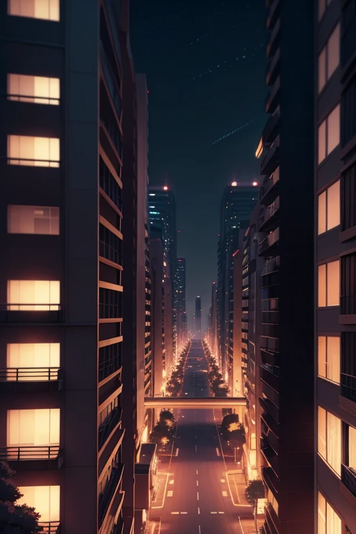 Night view of high-rise buildings，The street lights are on, Madhouse Studio anime style, Kuro anime screenshots, Anime background art, anime style cityscape, sankakucomplex anime image, screenshot from the anime film, Screenshot of the 2012 animation, TV a...