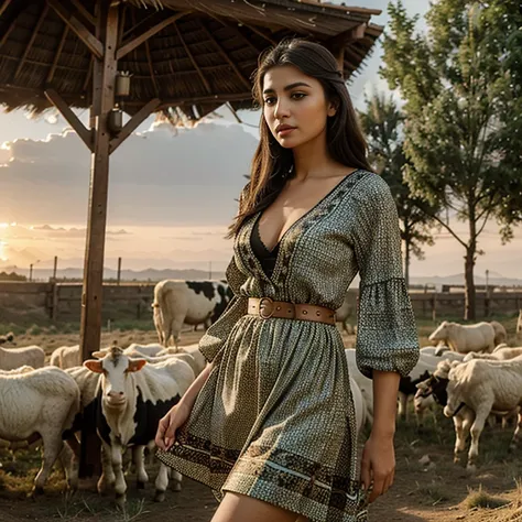 Sexy Kurdish woman in local motif clothes, herding sheep and cows, her dress is low-cut, hyper realistic, ultra detailed, 4k, sunset light