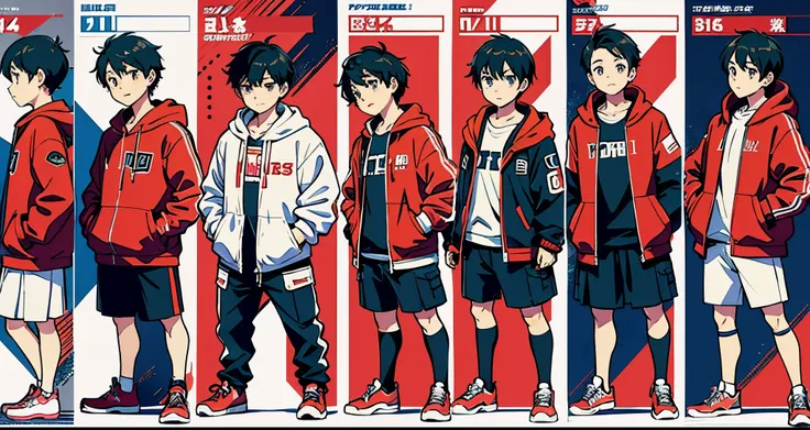 a multiple angle character sheet of a boy with short black hair and a red backpack, red shoes, anime on shirt, character sheet, multiple angle face, japan studio animation style --auto --s2