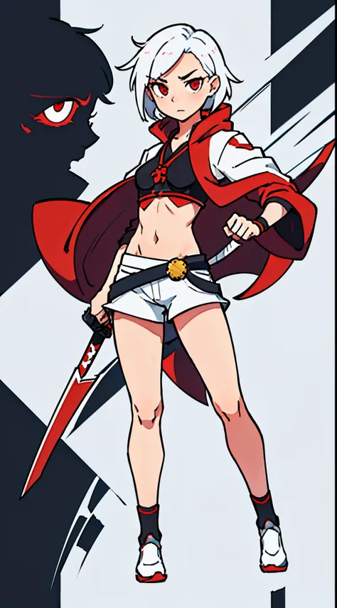 (best-quality:0.8), Girl with short white hair and red eyes, White Samurai, exposed midriff, clear background. full body shot, full-frame