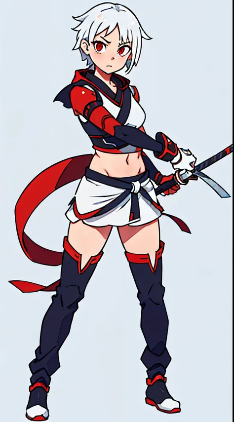 (best-quality:0.8), Girl with short white hair and red eyes, White Samurai, exposed midriff, clear background. full body shot, full-frame