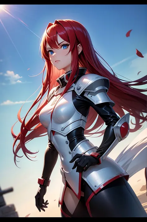 make a long red hair blue eyes fighter girl with battle style mecha armor, corpo perfeito, arte de cinema, 16k, cores quentes, cores vibrantes, atimosfera que envolva o personagem, atraente ao publico, perfect hands, corpo perfeito, simetria perfeita, lind...