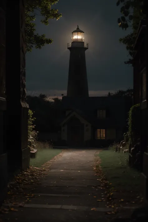 Na penumbra densa, the image reveals an enigmatic scenario: A lonely lighthouse, its titillating light cutting through the darkness like a sharp blade. The night fog dances around you, revelando sombras indistintas que se contorcem nas margens do desconhec...