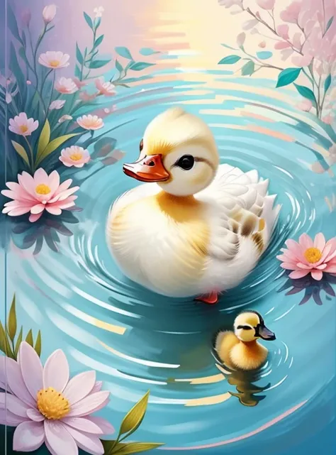 (cute baby duck smiling in a beautiful lake with flowers) Munchkin ,Geometric multidimensional wall portrait, livro de arte, Tchibi,
Yang08k, Beautiful, Colouring,
Obras, of the highest quality, best quality, Arte Oficial, Beautiful and Aesthetic,