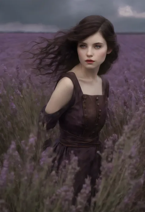 真实感, dark fantasy style, John Tolkien style, Small painting by Jean-Baptiste Monge, Soft facial features, Rocker Girl, stands in the center of a lavender field, Average height, plump dark pink lips, Engriberts eyebrows, brown eye, looking at away,  straigh...