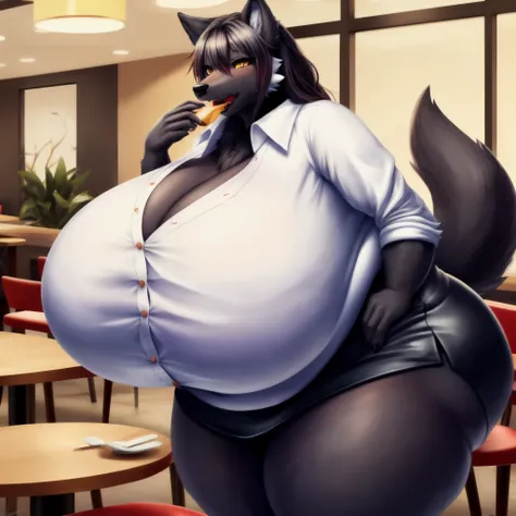 (sfw, 8K, Masterpiece, high resolution, super fine illustration:1.3), (fluffy:1.5), perfect anatomy, detailed background, solo, (cool:1.25), (beautiful), (female black furry wolf kemono:2), (buttoned blouse, tight skirt, business uniform:1.75), tall, (sedu...