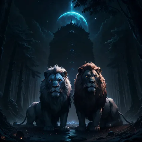 lions in 2045 with darkness dark forests dark lion