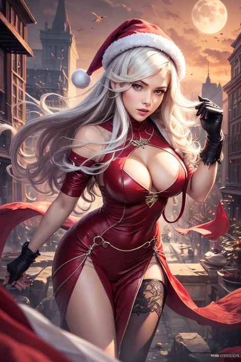 (4K), (Realistic), (high details), In a christmas movie, christmas background, full body picture 1girl with red dress and white hair in a city, arachne, lamia, blood moon tentacles!!, castlevania witch, ann takamaki from persona 5, cushart krenz key art fe...