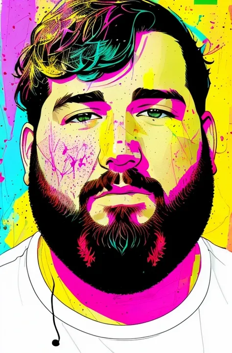 Fat Chubby Bearded Face, centrada, visual chave, intrincado, altamente detalhado, lineart preciso, vibrante, Comprehensive cinematic, Carne Griffiths, Conrad Roset, (o retrato mais bonito do mundo:1.5) popart background scene