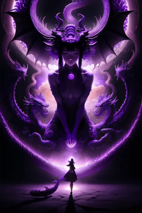 This job must be a very long one、Unbeatable masterpiece，depicts a mysterious Japanese girl，Mystical purple Chinese dragon image，Inside her body  a non-humanoid entity that radiates brilliant purple energy..，The girl wanted to show this part of the surreal ...