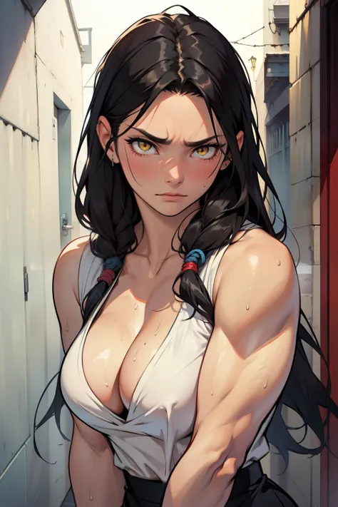 muscular black hair yellow eyes pale skin girl sad cleavage breasts blushing frown sweaty long straight hair long straight hair