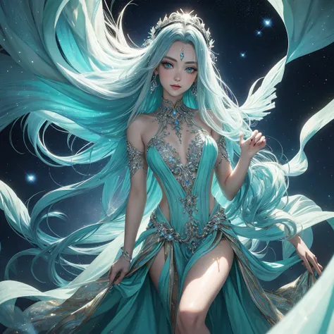 beautiful woman, full body shot, short_neck, sparkling twinkling lights jewelry | long_hair | epic | vibrant galactic cool_tones glow blue green yellow dark_blue dark_green silver | sharp_image | perfect_eyes | anime_realism 3D perfect | gorgeous | stunnin...