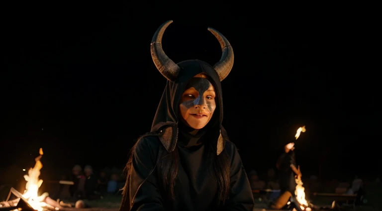 (best quality, ultra-detailed, realistic) ritual, person in long black clothes, with their face completely covered, goat horns on their head, around a bonfire at dark night