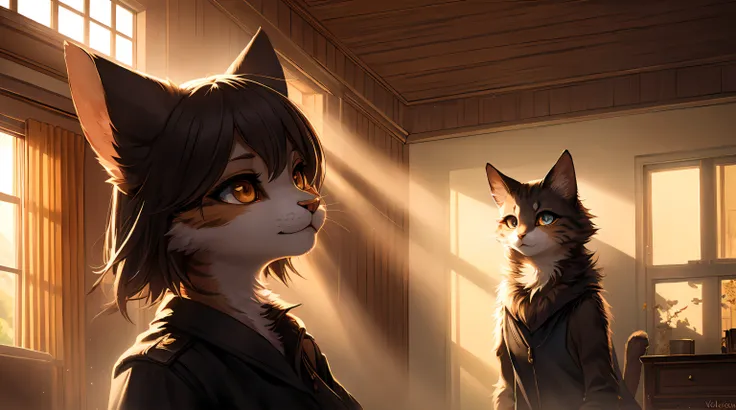 Catwoman Anthropomorphic Home Exquisite Light and Shadow Best Quality Fine Facial Senses Environment Good Light, Ultra-fine fur、Volumetric lights are very detailed,Finest quality furry art