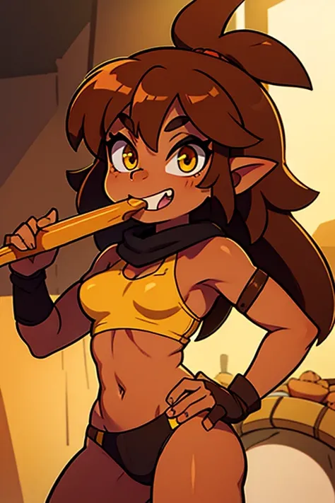 A Female Goblin Barbarian with coppery brown skin and light brown hair and yellow eyes