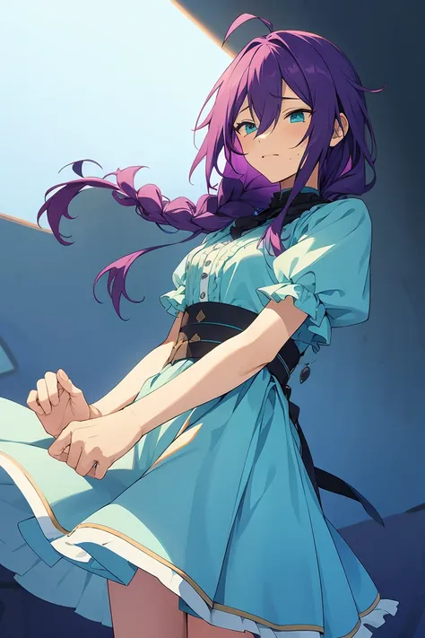 long hair, mole under mouth, purple hair, single braid, hair between eyes, aqua eyes, ahoge, 1boy, cowboy shot, blue dress, headdress, frilly dress, expressionless