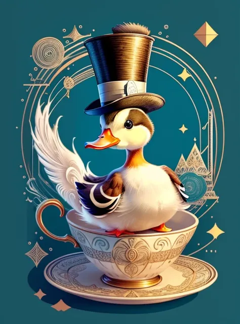 (cute duck smiling with a top hat in a beautiful cup) Munchkin ,Geometric multidimensional wall portrait, livro de arte, Tchibi,
Yang08k, Beautiful, Colouring,
Obras, of the highest quality, best quality, Arte Oficial, Beautiful and Aesthetic,