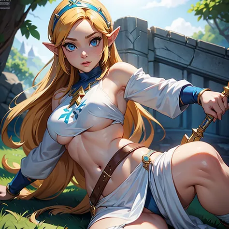 Zelda from the videogame series Legend of Zelda, (underboob) , wearing white greek top, adult woman