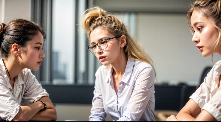 3 girl confidently expressing her ideas during a team meeting, in office meeting room, sitting across each other