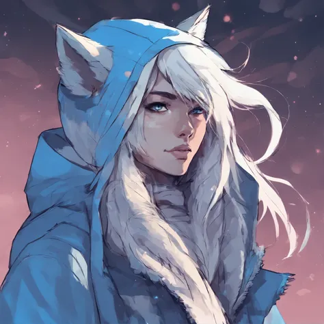 femboy with long white hair, blue eyes and wolf ears, wearing hoodie, glowing blue eyes