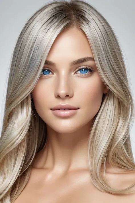 Blonde, with a bright and radiant shade reminiscent of sunlight, featuring a silky and fluid texture. Eyes are gray-blue, a shifting hue ranging between gray and blue, creating a captivating expression. The irises are deep and magnetic, emphasizing the com...